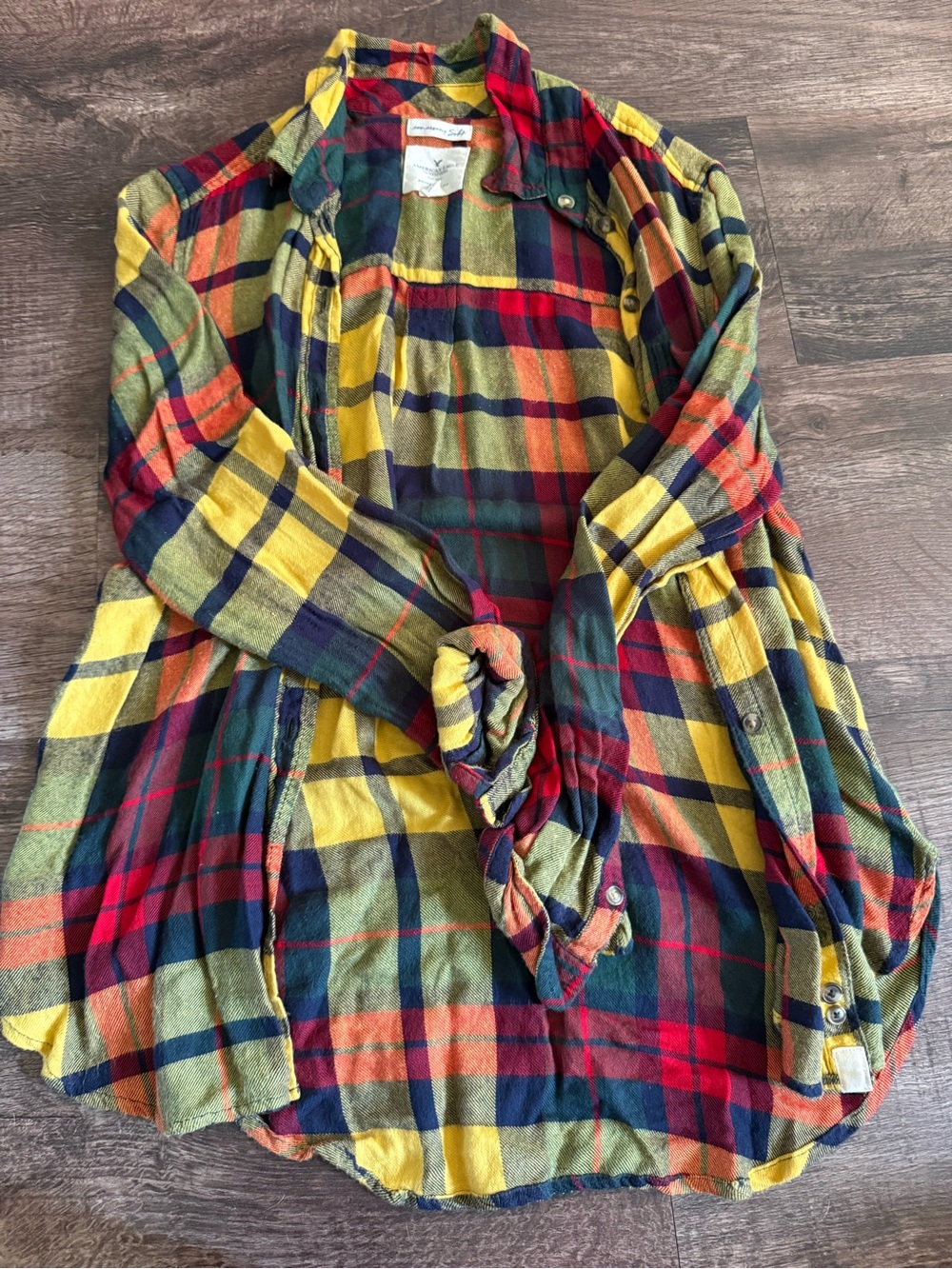 American Eagle Outfitters Yellow, Red & Green Plaid Button-Down Shirt